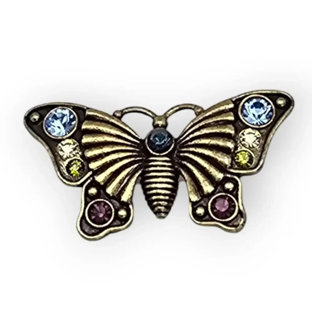 Butterfly Brooch Multi Color Rhinestone Gold Filigree Pin Storybook Romantic
